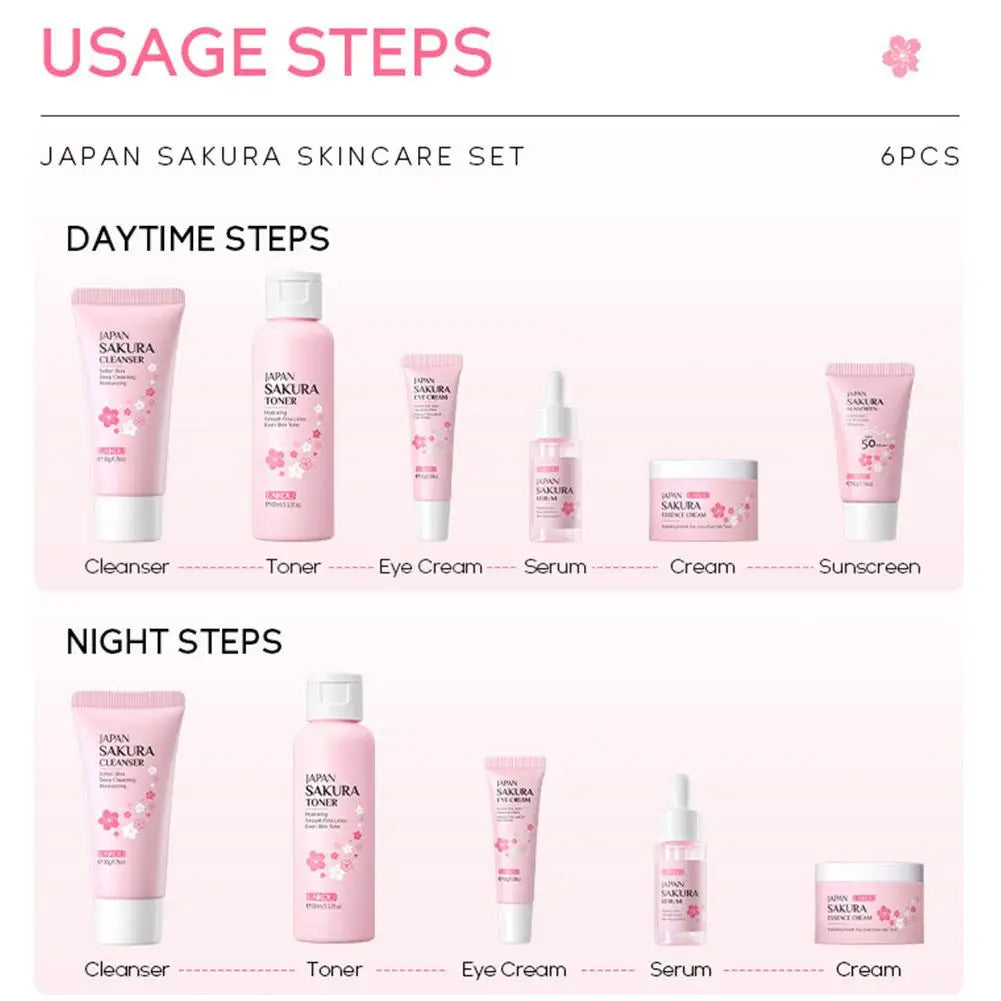 6pcs Sakura Skin Care Set Hydrating Moisturing Smoothing Nourishing Brightening Firming Women Beauty Skincare Product