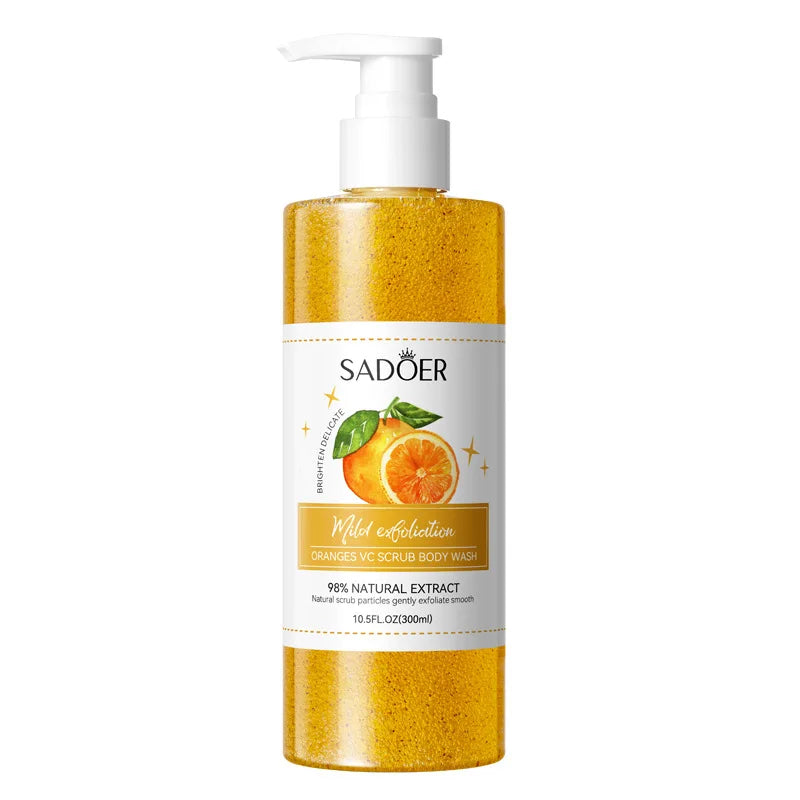 300ml Orange Body Scrub Shower Gel, a Cleansing Body Wash Containing Fresh Orange Extract, Citrate Salts, and Other Skin Care Ingredients. the Fine Scrub Particles Deeply Cleanse Skin Impurities and Dead Skin Cells, While Hyd