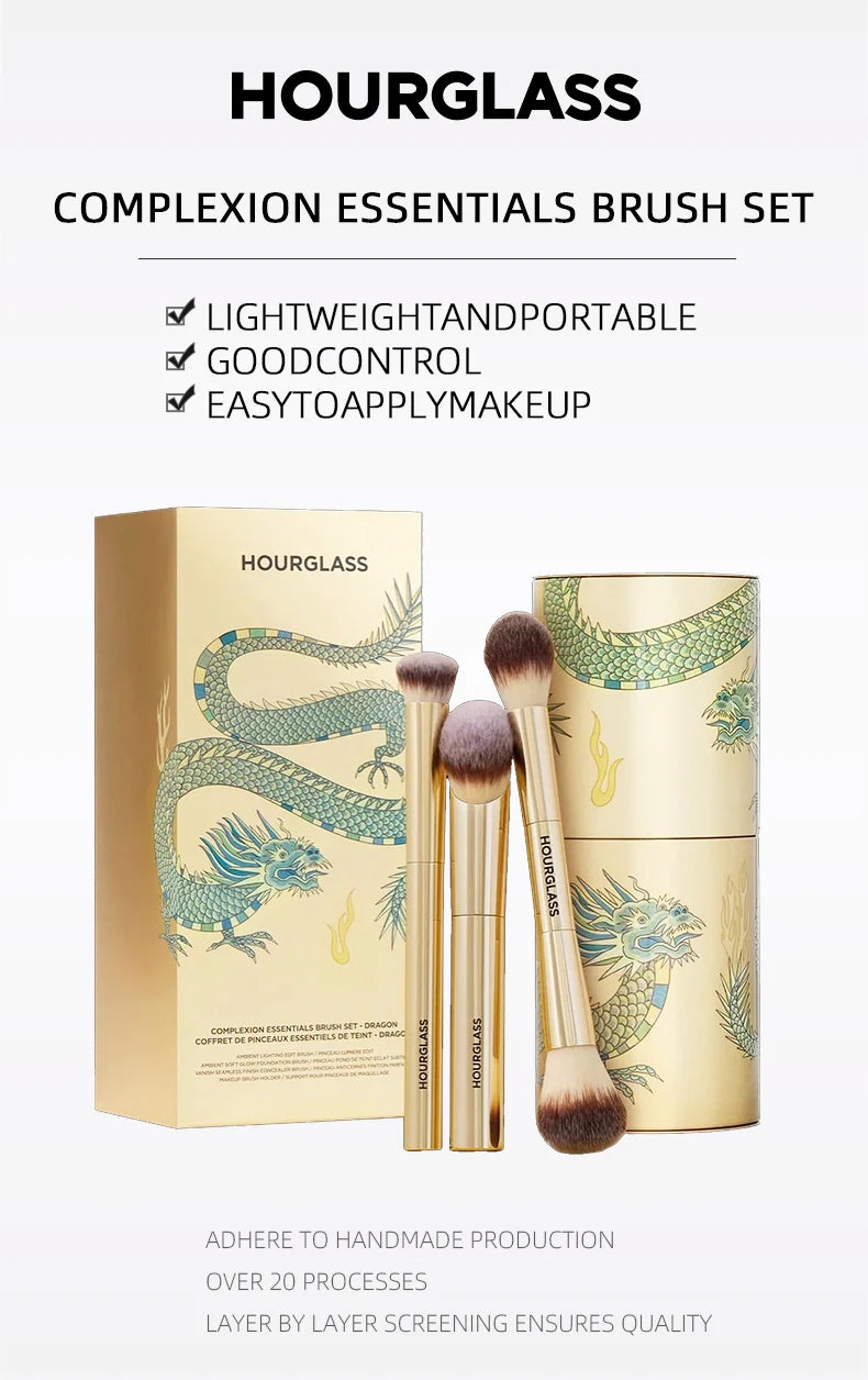 HOURGLASS Complexion Essentials Brush Set -Dragon series 3 makeup brushes with a Packaging box and a Brush bucket