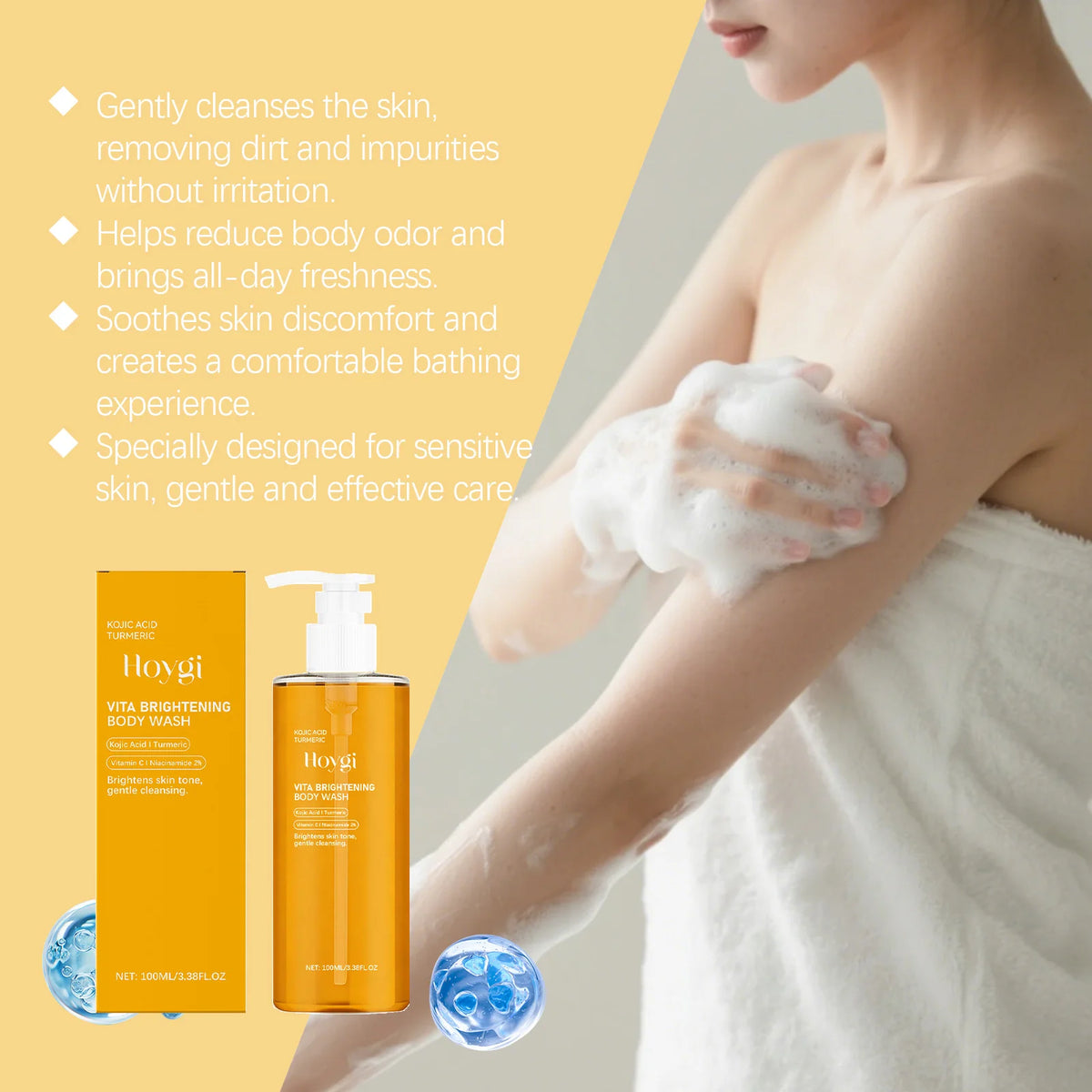HOYGI Turmeric Shower Gel Moisturizing Smooth Skin Gentle Foam Body Cleansing Nicotinamide Whitening Brightening Body Wash 100ml