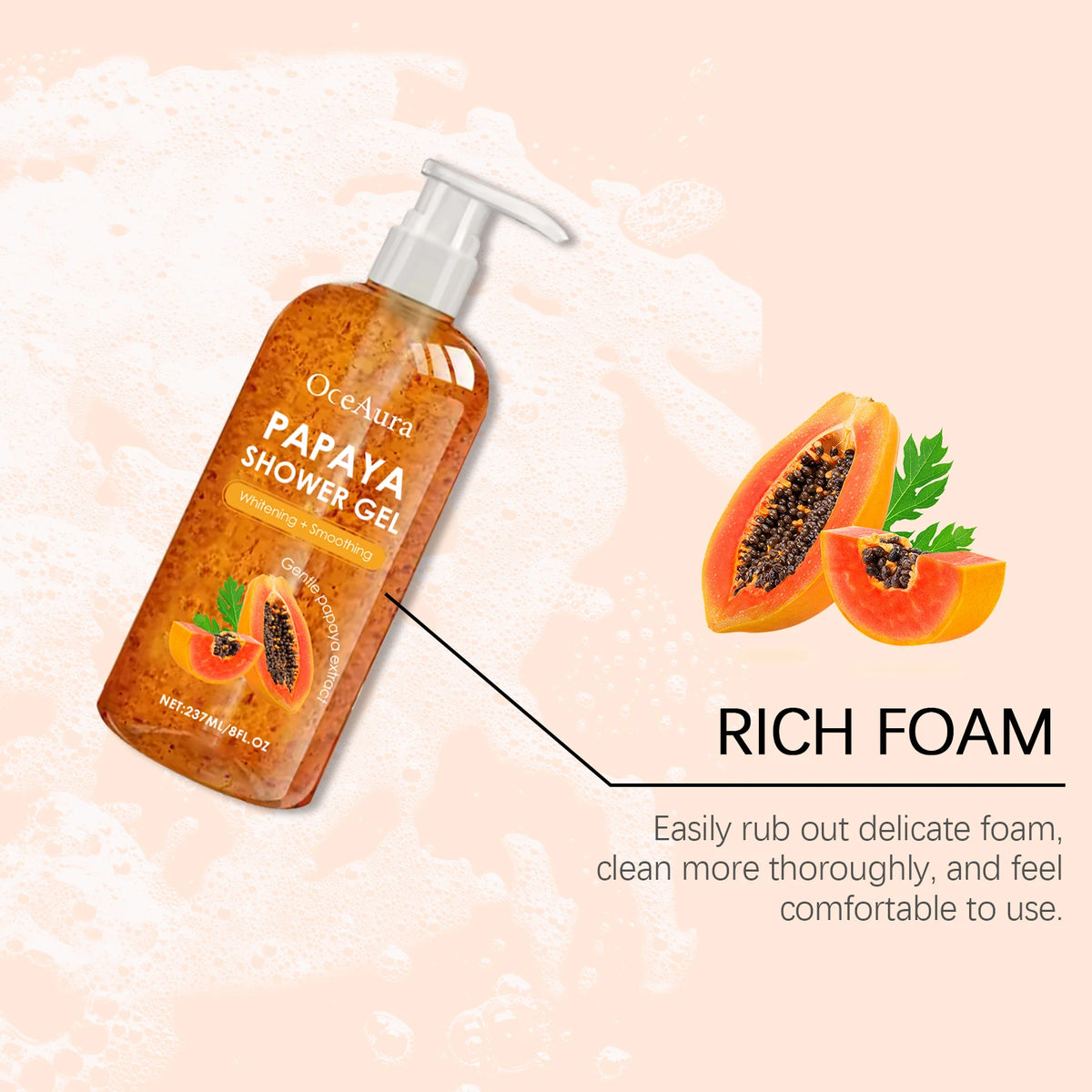Papaya Shower Gel Whitening Smoothing Cleansing Remove Dirt Fade Pigmentation Rich Foam Lasting Aroma Hydrate Refresh Body Wash