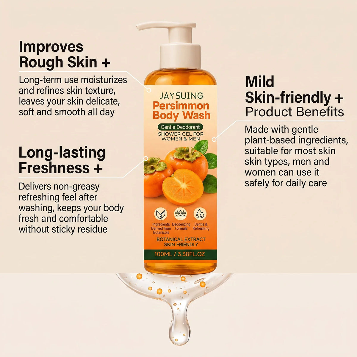 Persimmon Refreshing Body Wash Gentle Moisturizing Smooth Soft Silky Hydrating Nourishing Shower Gel All Skin Types Daily